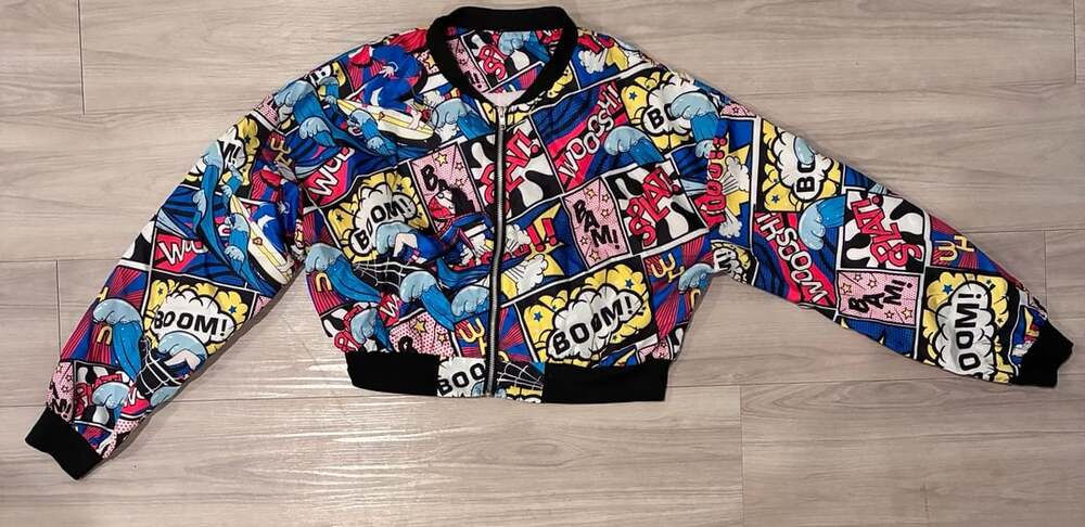Women’s Comic Book Pop Art Graphic Print  Cropped Bomber Jacket Size M